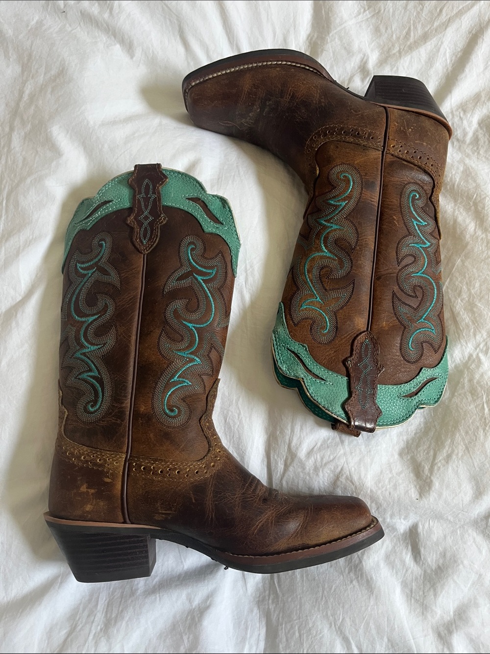 Justin oil resisting cowgirl boots western brown teal ranch farm boots